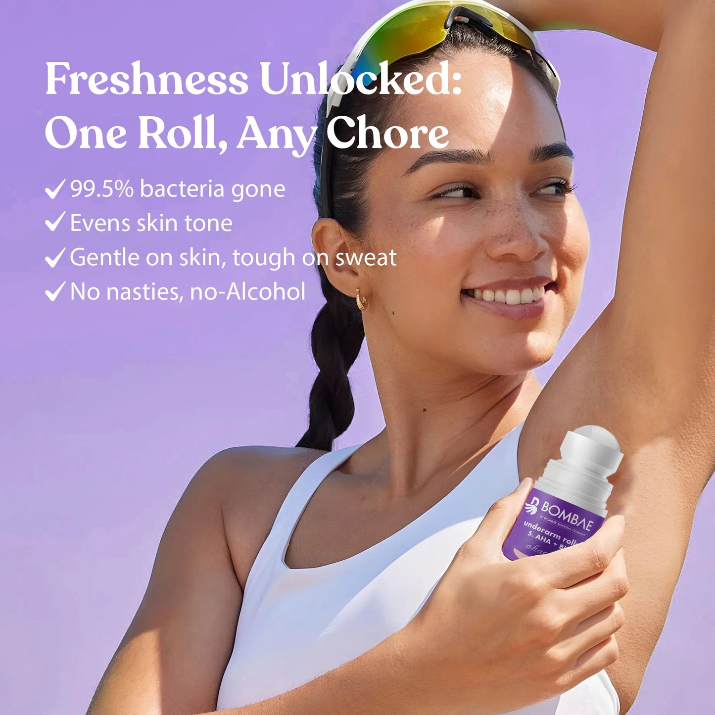 Bombae Underarm Roll on Deodorant for Women | 1% Salicylic Acid, 2% Glycolic Acid, 2% Lactic Acid| 5% AHA+BHA | No Alcohol| Prevents Odour, Reduces Pigmentation| 40 mL