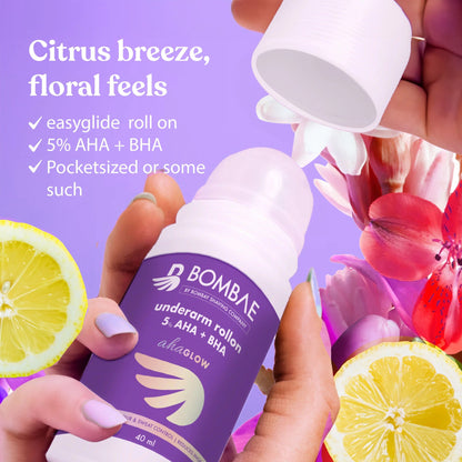 Bombae Underarm Roll on Deodorant for Women | 1% Salicylic Acid, 2% Glycolic Acid, 2% Lactic Acid| 5% AHA+BHA | No Alcohol| Prevents Odour, Reduces Pigmentation| 40 mL