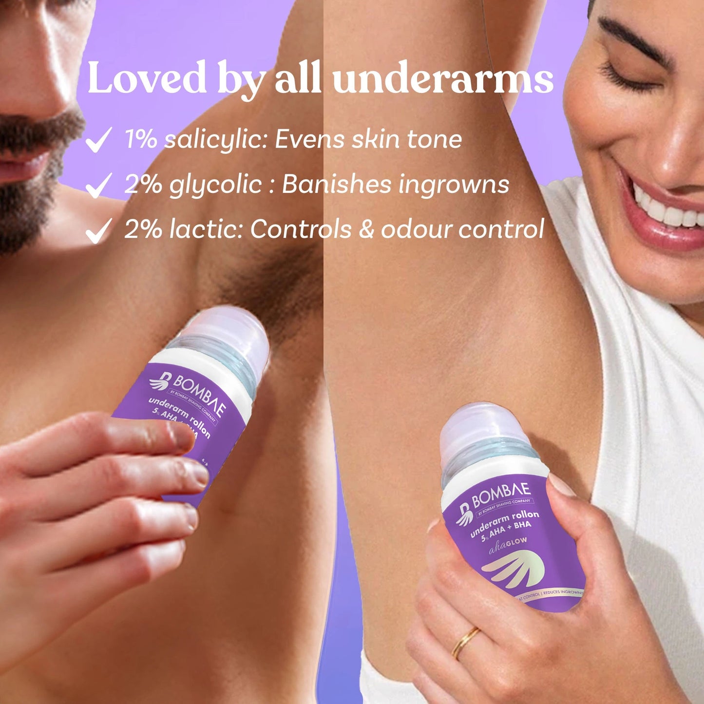 Bombae Underarm Roll on Deodorant for Women | 1% Salicylic Acid, 2% Glycolic Acid, 2% Lactic Acid| 5% AHA+BHA | No Alcohol| Prevents Odour, Reduces Pigmentation| 40 mL