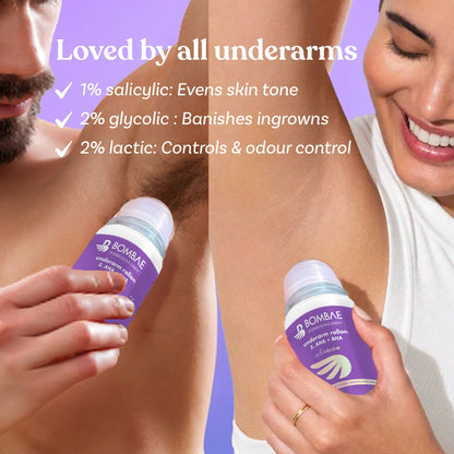 Bombae Underarm Roll on Deodorant for Women | 1% Salicylic Acid, 2% Glycolic Acid, 2% Lactic Acid| 5% AHA+BHA | No Alcohol| Prevents Odour, Reduces Pigmentation| 40 mL