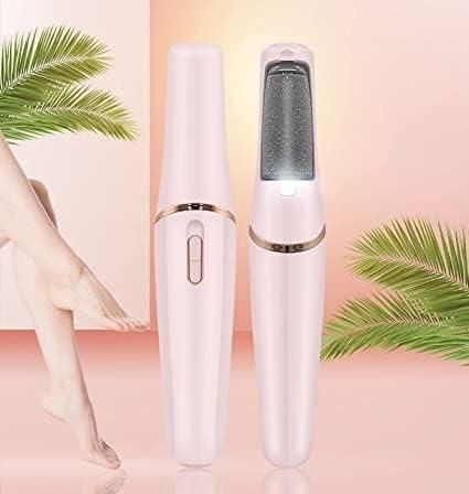 A pink and white rechargeable electric foot callus remover, also known as an electronic foot file, featuring a dual-speed control and an abrasive roller head for smooth, dead skin removal.